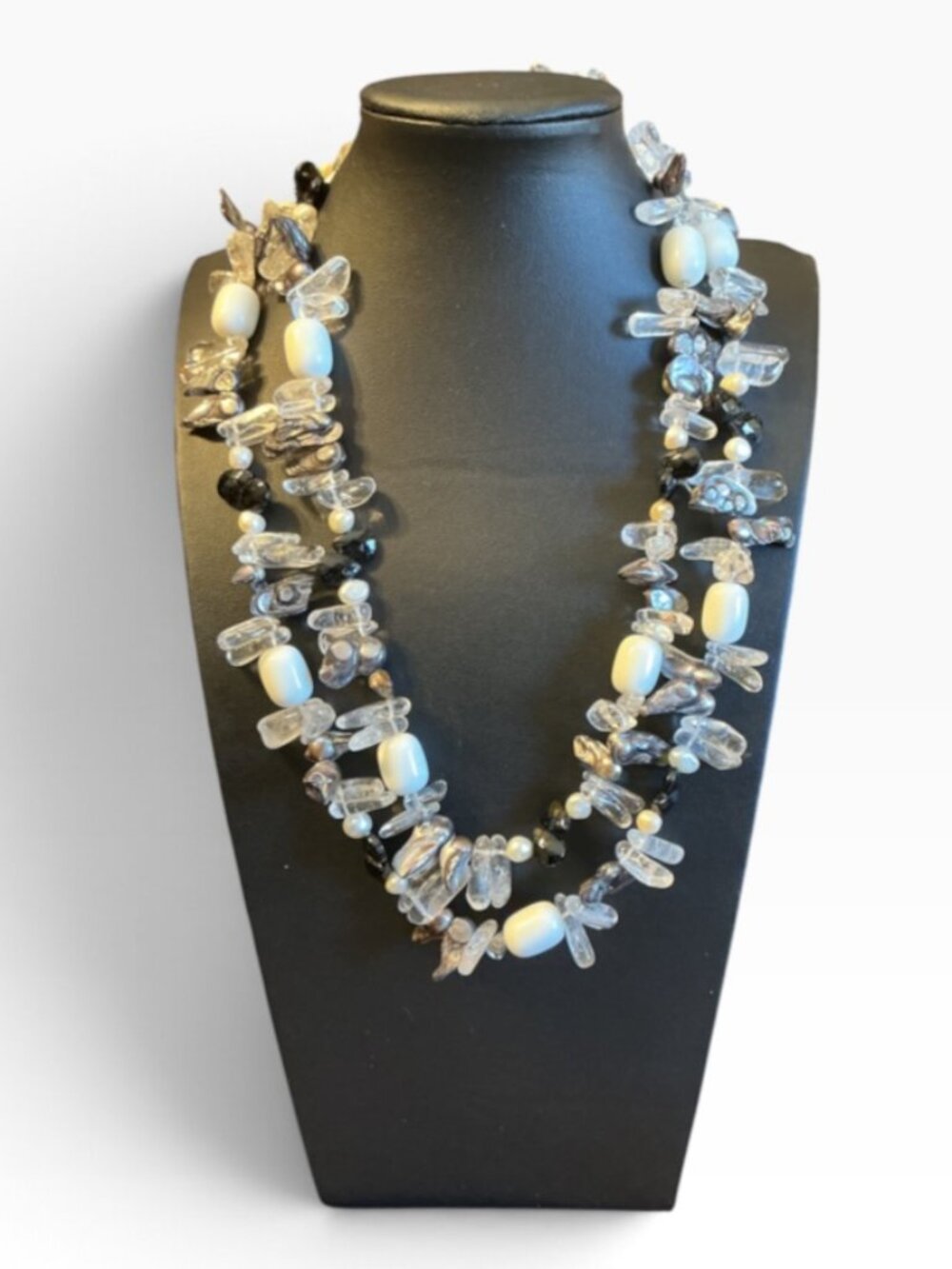 Unsigned Glass Shell Pearl Beaded Long Necklace Black White Gray Statement